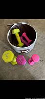 Dumbbells displayed outside and inside the fabric storage basket, showing the weights and colors clearly.