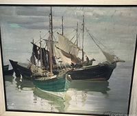 close view of painting showing boats and water