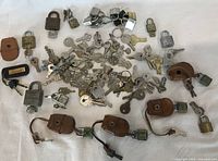 Overview of keys and padlocks spread on cloth