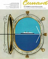 Close view of advertisement artwork focusing on porthole and liner illustration