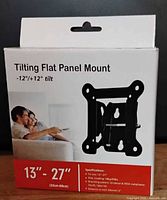 Front of sealed box showing product image and specifications 13-27 in, ±12° tilt