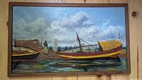 Front view of signed boat scene painting in wood frame