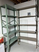green and beige shelving units side by side