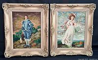 Both framed needlepoint artworks side by side showing subjects and frames