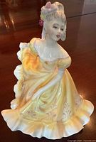 Front angle of Royal Doulton Ninette figurine showing full gown and facial detail