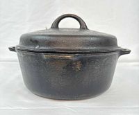 Side view of Dutch oven with lid showing loop handle and side ears