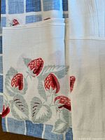 Blue check and strawberry patterned cloth showing full pattern detail