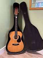 Full view of Como FG55 acoustic guitar standing inside black soft carrying case, case lid open beside it.