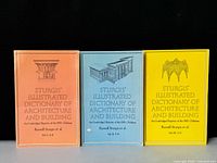 Front view of all three volumes of Sturgis' Illustrated Dictionary of Architecture and Building, arranged side by side. Orange, blue, and yellow cover colors with titles and architectural illustrations are visible.
