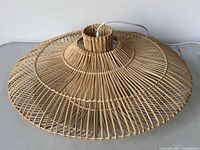 Side view of large circular woven rattan pendant lamp showing the lamp shape and wiring.
