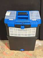 Mastercraft two piece rolling toolbox front view showing compartments and top handle.