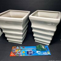 Two large white ceramic planters with abstract ribbed design shown together from front angle with dryness monitor in package placed below them.