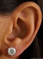 Close-up photo of the earrings being worn on the ear showing size and style.