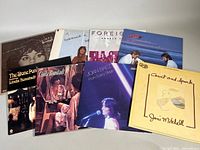 Front view of 8 vinyl record albums arranged standing side by side, showing album covers from classic rock and folk artists.