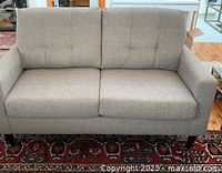 Front view of beige linen loveseat showing two tufted back pillows and seat cushions on a Persian-style rug.