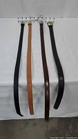 Four belts hanging on metal rack full view