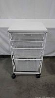 Front angled view showing four mesh drawers, metal frame, casters
