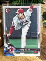 Front of 2018 Bowman Shohei Ohtani rookie card in sleeve