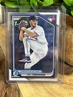 Front view of Bowman Chrome Trey Yesavage 1st Bowman card in plastic holder