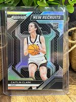 Front of Caitlin Clark Panini Prizm New Recruits Silver Prizm rookie card in sleeve
