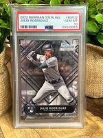 Front of PSA-slabbed 2022 Bowman Sterling Julio Rodriguez rookie card showing grade label and artwork
