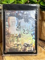 Front view of Michael Jordan hologram card inside display case