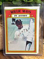 Front of 1972 Topps Willie Mays In Action card in sleeve