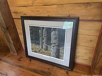 Front view of framed print against wood wall
