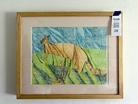 Front view of framed drawing showing artwork, mat, and wood frame