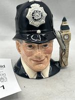 Front view of Royal Doulton London Bobby character jug showing embossed badge