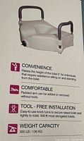 Photo of the raised toilet seat features and benefits showing convenience, comfortable padded arms, tool-free installation, and 300 lb weight capacity.