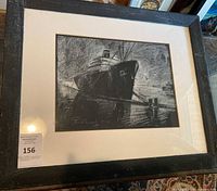 Framed pastel drawing showing full view of artwork featuring a large ship at dock in monochrome style