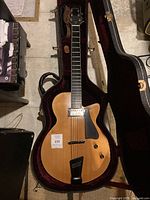 Guitar inside open hard shell case showing body, pickup, controls and interior lining