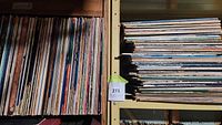 Shelf of upright vinyl records on metal shelving, visible multicolored spines