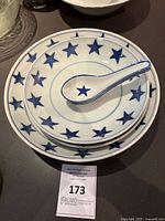 Stack of plates with one spoon on top, showing blue star pattern and some chipping.