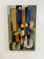 Front view of mid-century abstract oil painting on canvas showing full composition and signature lower right