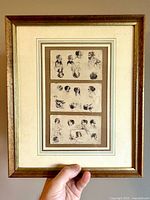 Front view of framed artwork showing three ink illustration panels