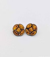 front view of both round amber earrings on white background