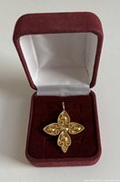 Pendant in presentation box, frontal view showing design and bail