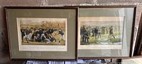Two framed prints: American football scene and golf match