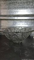 Front side view of the large glass bowl showing the detailed pressed pattern.