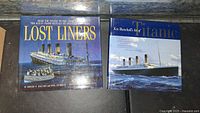 Photo showing two Titanic-themed books, 'Lost Liners' and Ken Marschall's Titanic, with detailed ocean liner cover paintings.