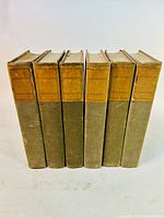 Six hardcover volumes standing upright showing cloth-bound spines and leather labels with some wear.