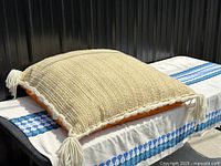 Cream/off-white textured woven fabric side of the pillow with tassels at the corners shown flat on a table.