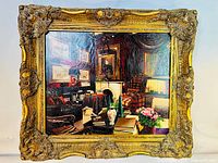 Full front view of oilette painting and ornate gilt frame showing decorative corner details and overall condition.