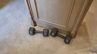 Pair of 20 lb hex dumbbells on carpet