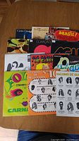 Top view of all 12 Brazilian vinyl records arranged on a wooden surface showing colorful covers with different art styles and colors.