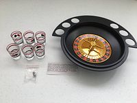 Full set laid out: tray, six glasses, two balls, instructions