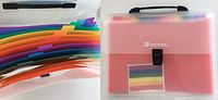 Front view of expandable file folder showing handle, latch, pink front, rainbow dividers