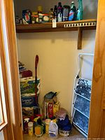 Full closet view showing step stool, paper products and cleaning items